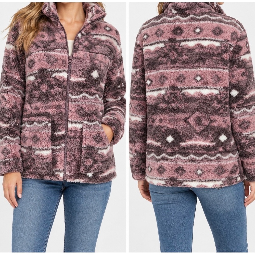 Marika Fleece Jacket Women Large Purple Pink Southwestern Sherpa Full Zip Coat